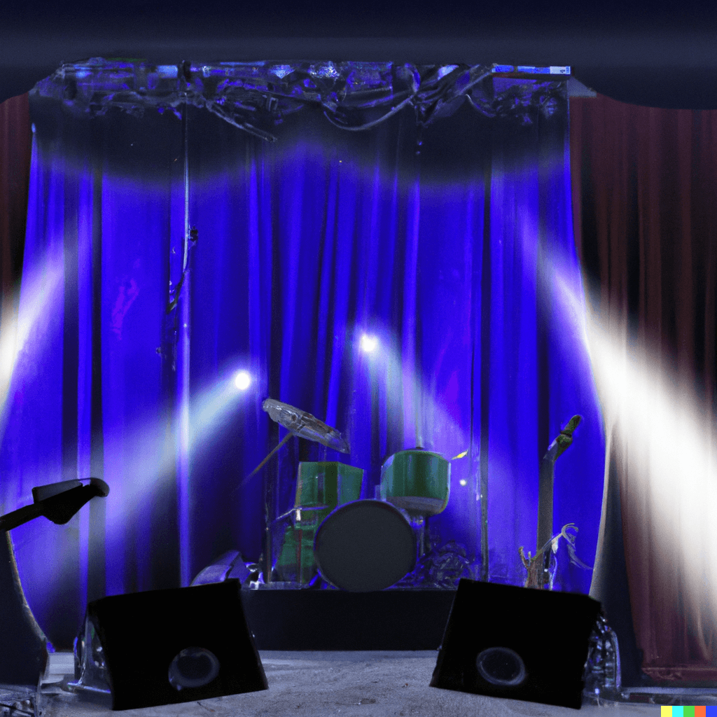 artists rendering of a music stage  Frank Cosentino, Screamin' Evil Blues Band, Keith Danby
